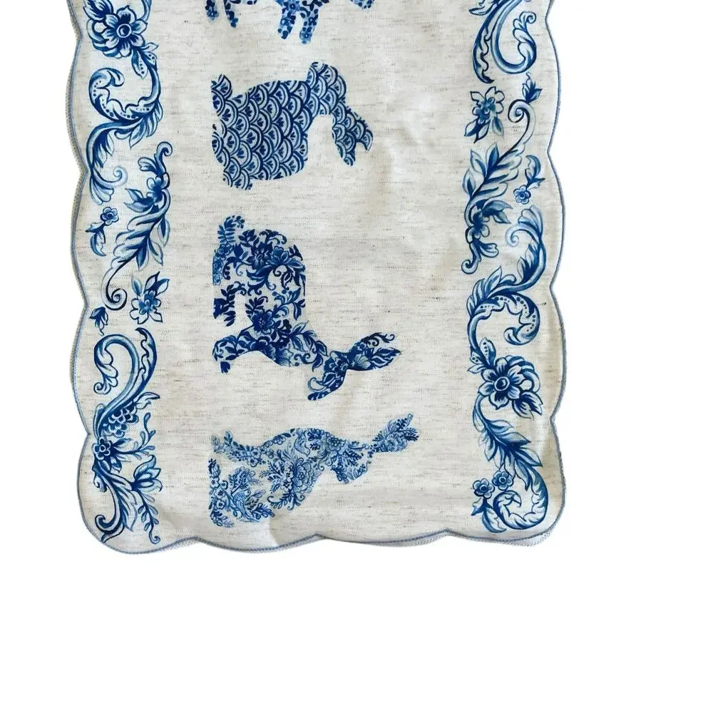 RACHEL ROY Blue Bunny Rabbit TOILE Easter Table Runner 14x90 New
